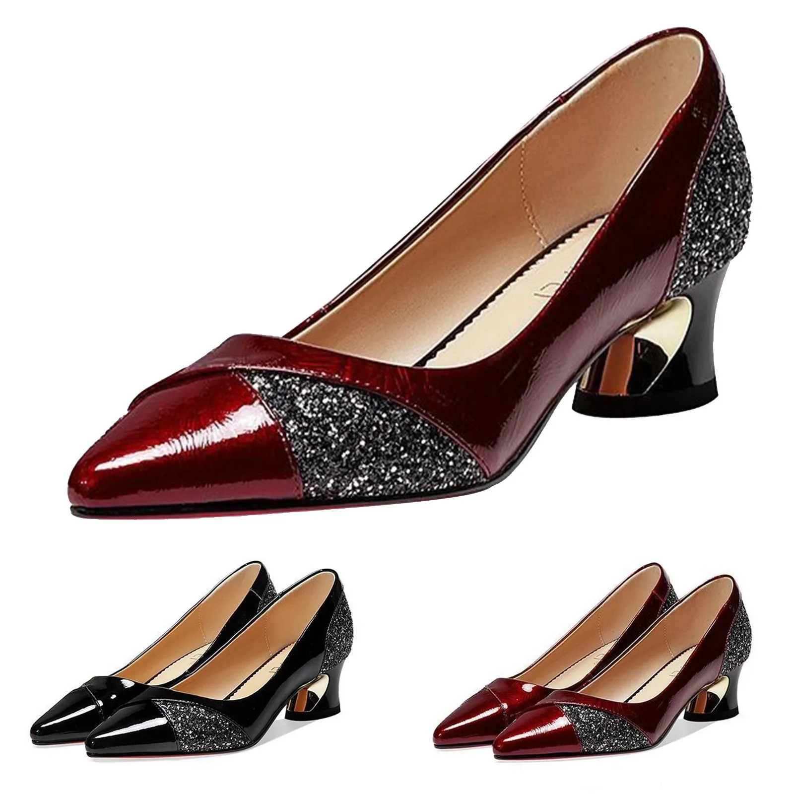 Fashion Womens High Heels Pumps 4CM Low-Heeled Elegant Ladies Wedding Shoes Sexy Red Pointed Toe Shallow Slip-On Party Shoes 260303