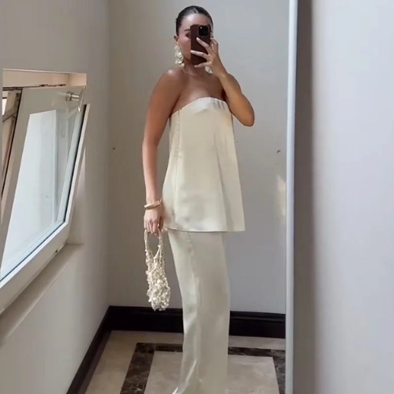 HXAO Satin Pant Sets Womens Two Pieces Set Strapless Off Shoulder Tube Vest 2 Piece Woman Outfit High Waist Trousers 260306