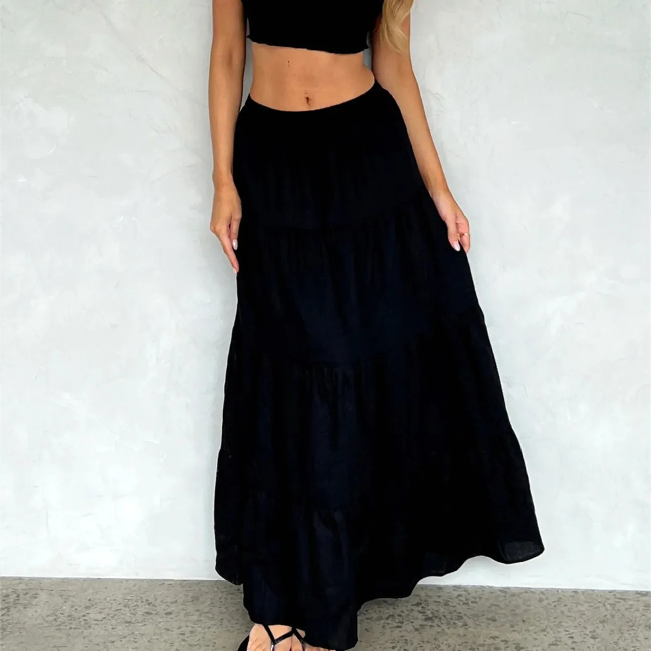 Women Boho Long Skirt Y2k Elastic High Waist Ruffle Pleated Swing Maxi Skirt Casual Tiered Prairie Flowy Aline Skirt 260306