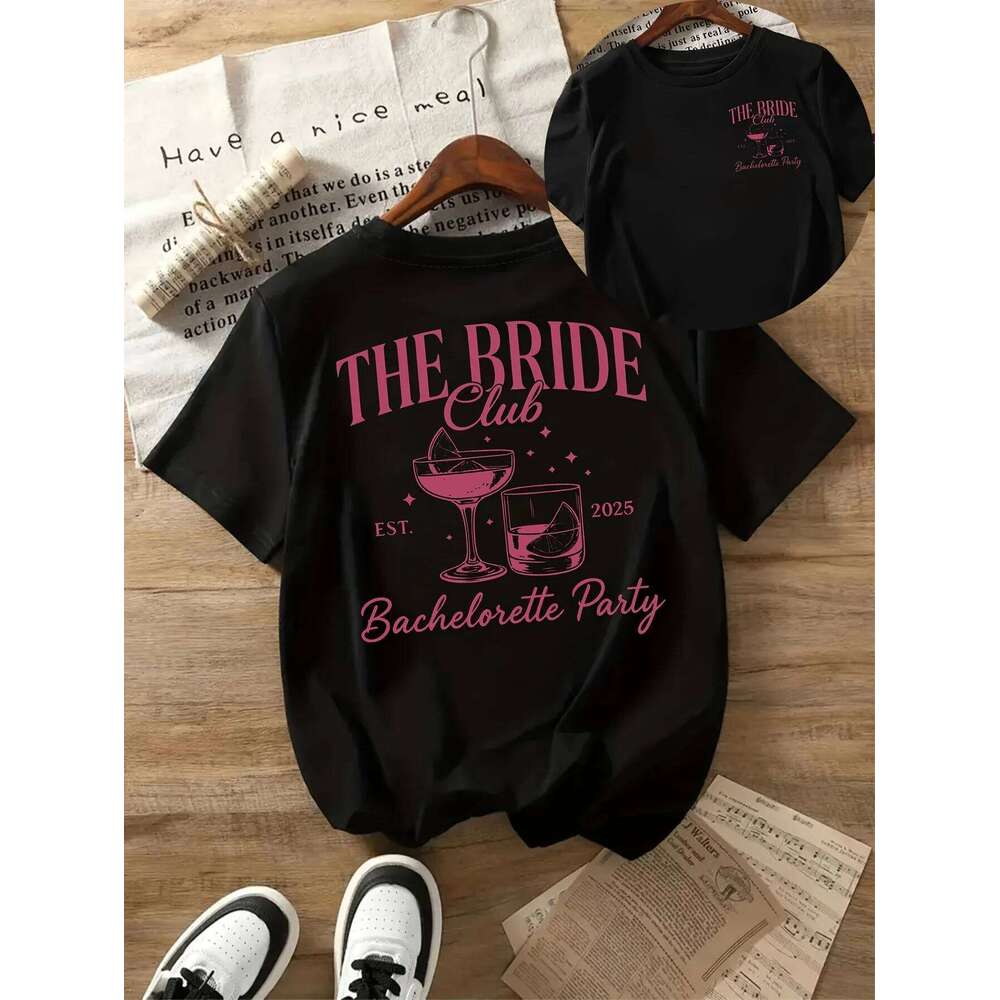 Women'S "The Bride Club" Graphic Tee White with Pink Lettering Wine Glass Design Perfect for Spring Summer Wedding Guest XJ260306 XJ260
