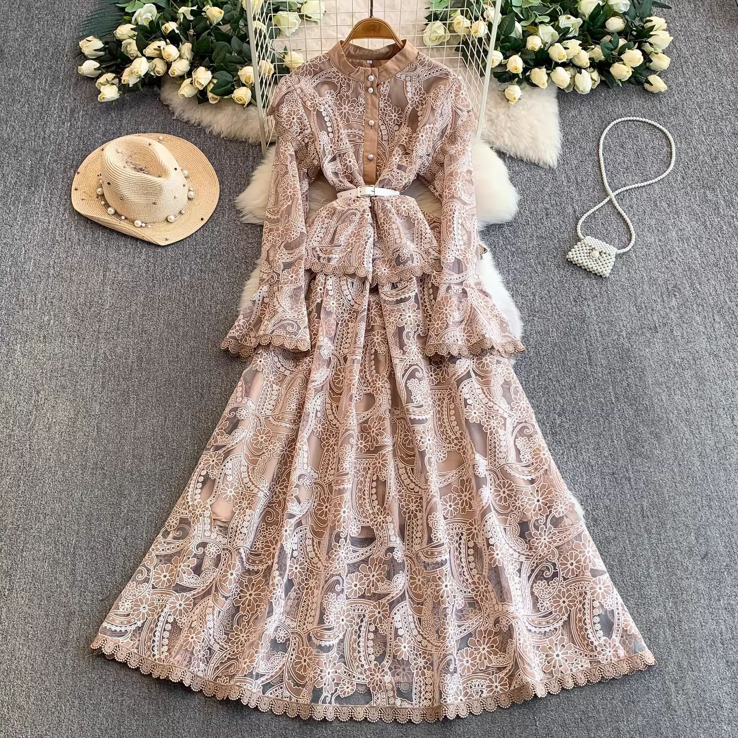 French Style Elegant And Dignified Wedding Dress For Women With High-end Feel Fairy-like Lace Waist-cinching Elegant Bell Sleeves Long Dress
