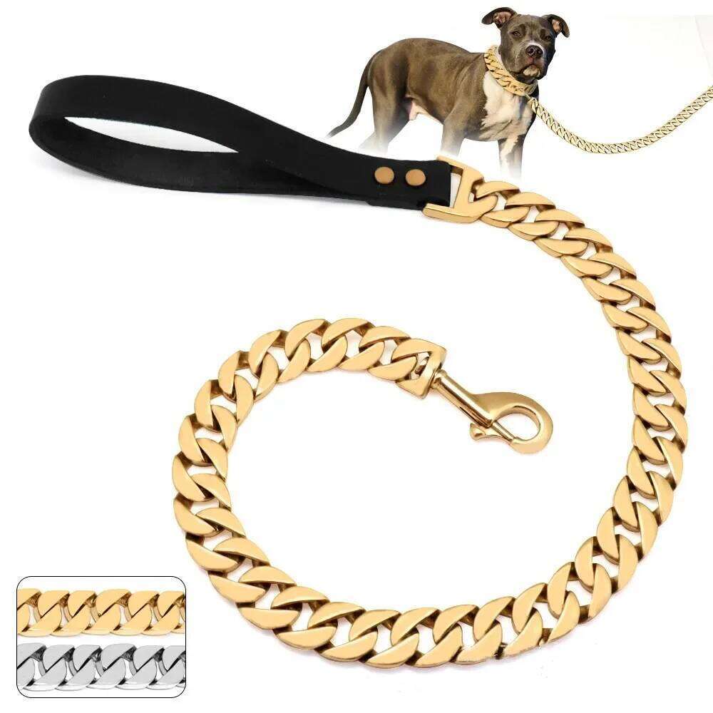Stainless Steel Pet Lead Traction Super Strong Gold Chain 32Mm 19Mm Bulldog Pitbull Large Dog Collar Leash Bamubi