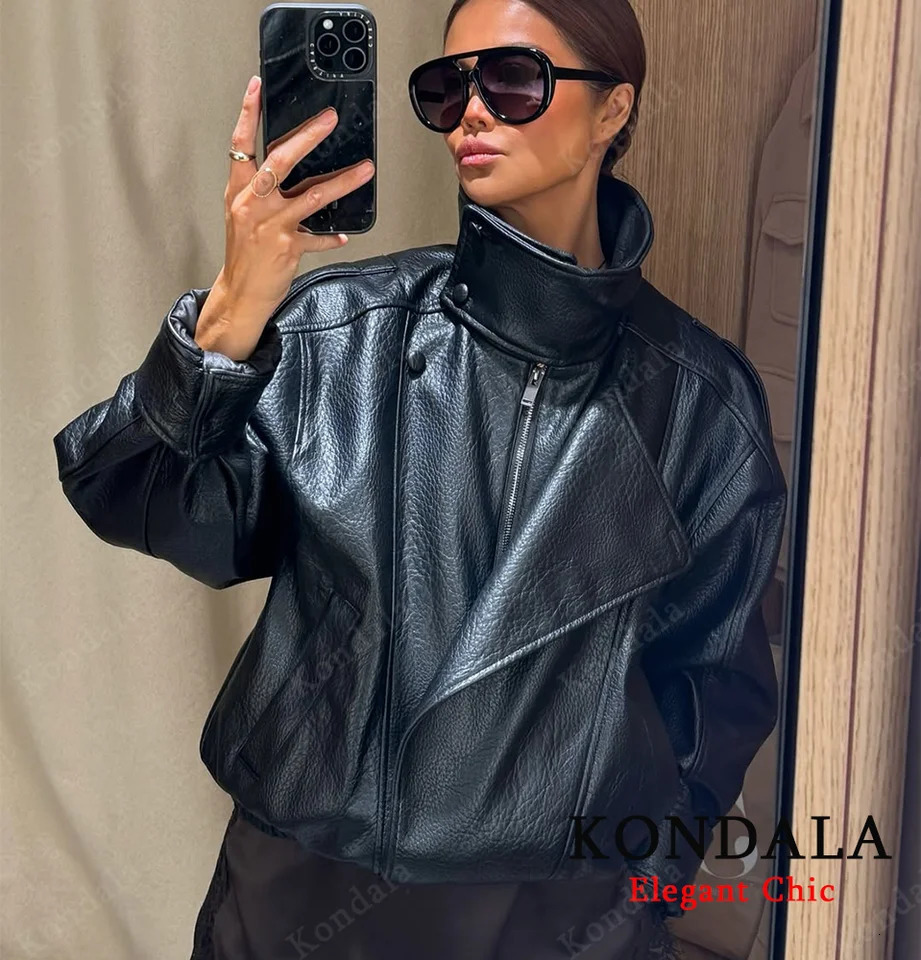 Women Fall Winter Leather Standing Collar Jacket Faux PU Zipper Pilot Jacket Coat Casual Fashion Outwear Ladies Jacket 260306