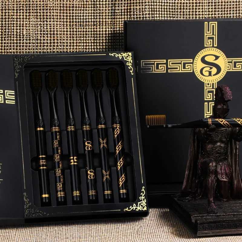Luxury 6-Piece Toothbrush Set Premium Soft Bristles for Gentle Adult Oral Care Elegant Black-Gold Gift Box DesignT260307