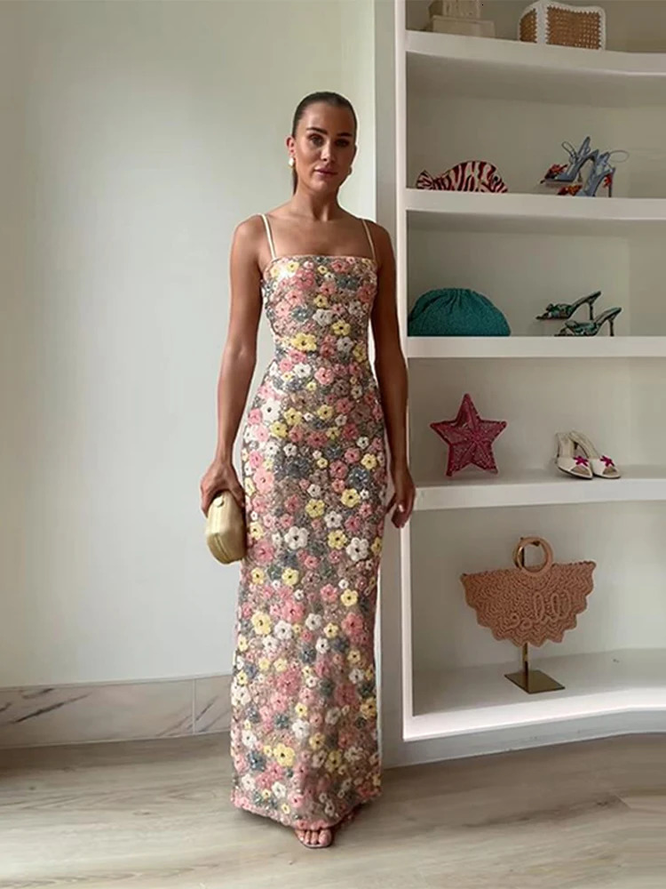 Fashion Sequin Flowers Sling Long Dress Women Sleeveless Backless Slim Maxi Dresses Colorful Floral Evening Party Robes 260306