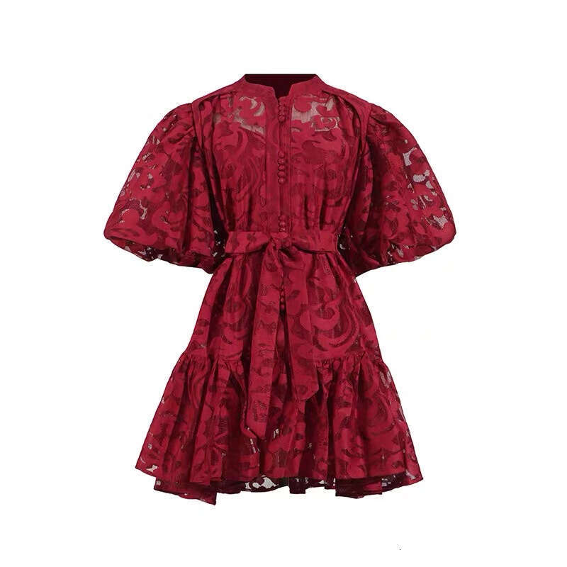 2026 new women's European and American a2 niche retro palace style lantern sleeves jacquard loose tie short skirt