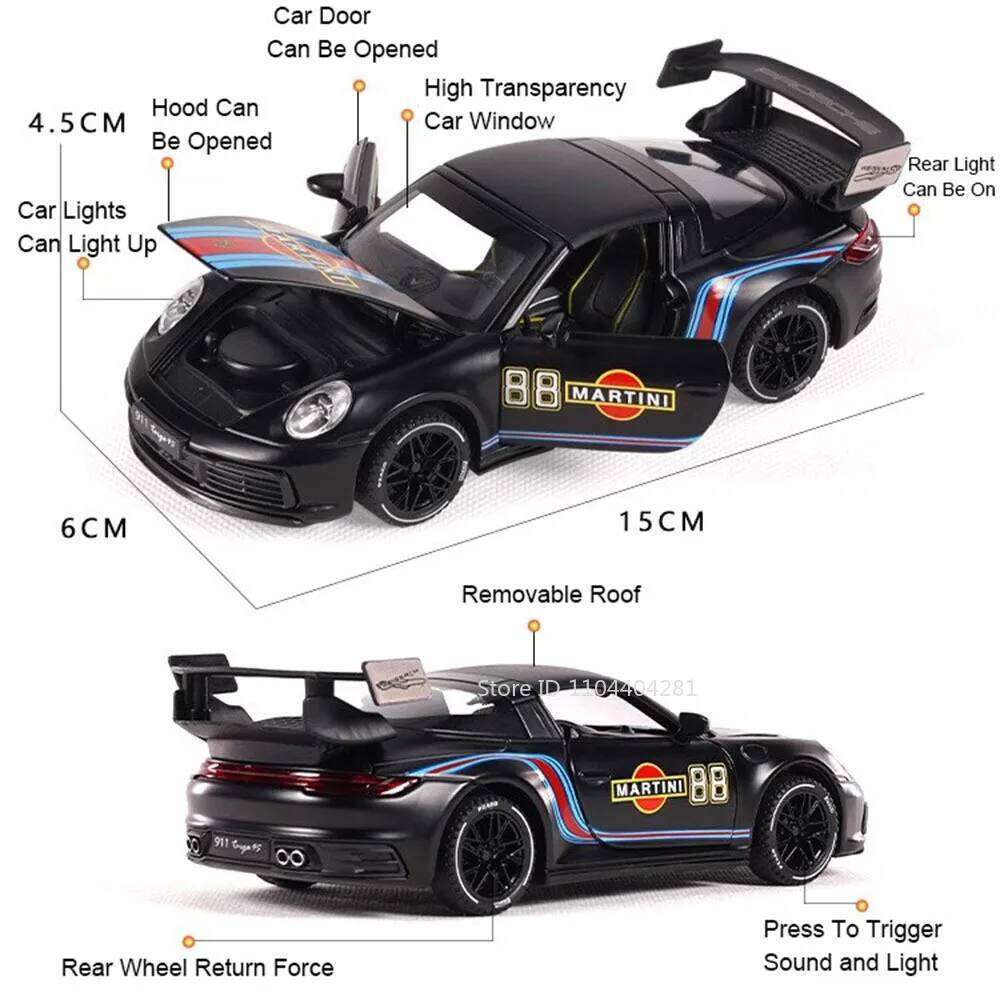 1:32 911 Martini GT3 RS Diecast Alloy Model Toys Sports Car Doors Opened Light Music Pull Back Miniature Cars Toddler Kids Gifts Z260306