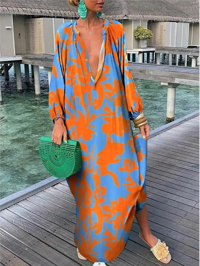 Women Boho Print Loose Beach Dress Spring Summer Elegant Deep V-Neck Maxi Dress Ladies Sexy Long Sleeve Oversized Dresses 260306