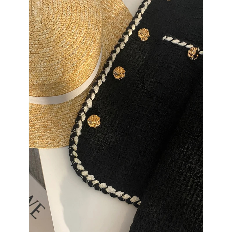 MEXZT Vintage Tweed Jacket Women Elegant Cropped Quilted Coat Commute Black Blazer Winter Ladies Korean Short Outerwear Tops 260306