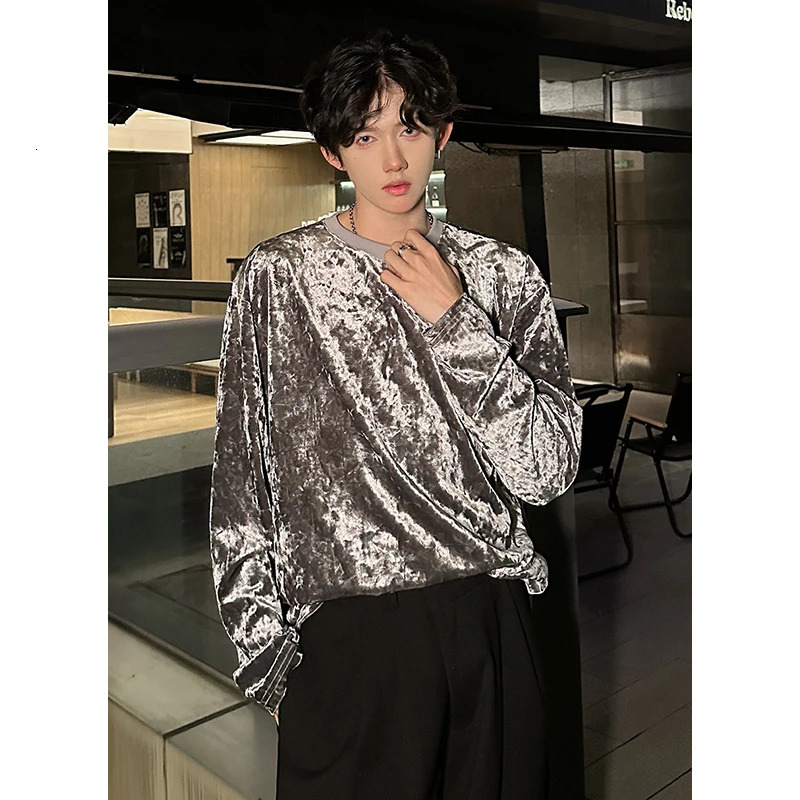men vintage velvet long sleeve t shirt Crew neck hip hop casual tees tops man autumn harajuku velour streetwear camisetas 260302