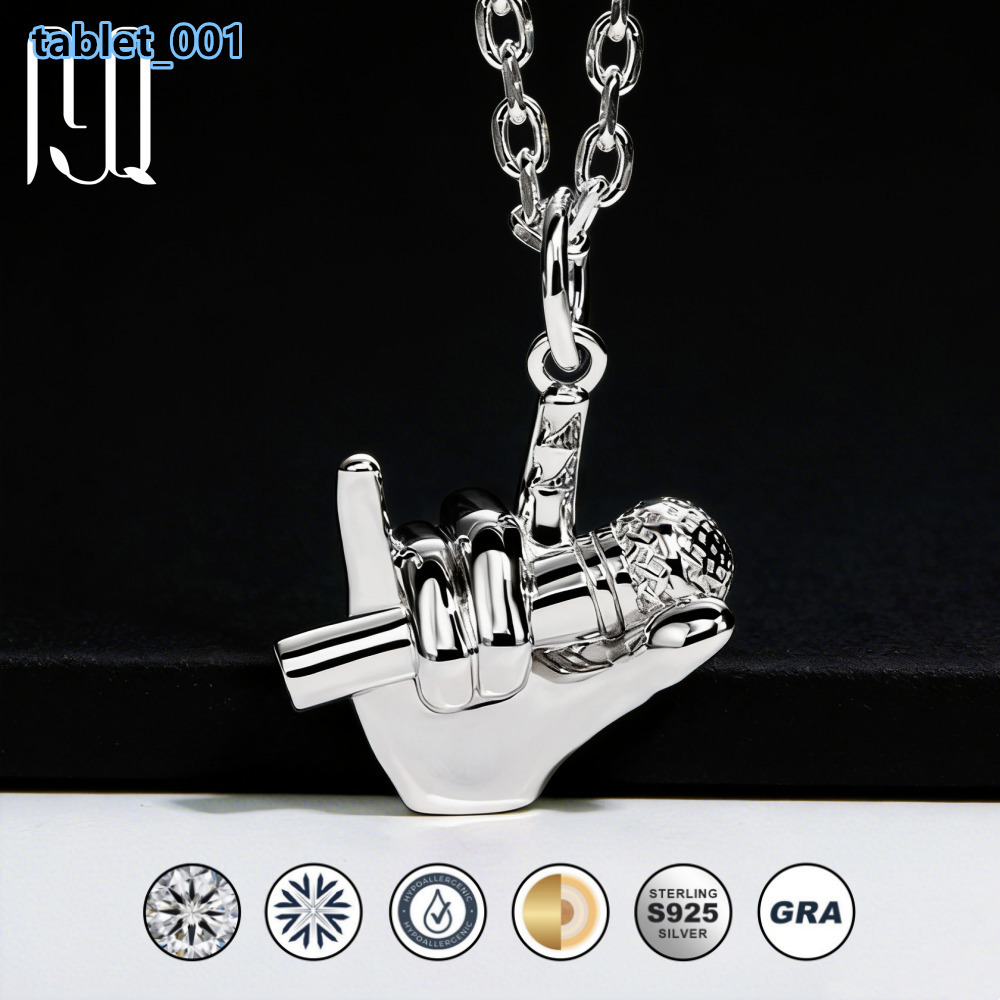 Microphone in Hand Design Moissanite Pendant Necklace 925 Sterling Silver Unisex Hop Jewelry Gift Music Theme Accessory