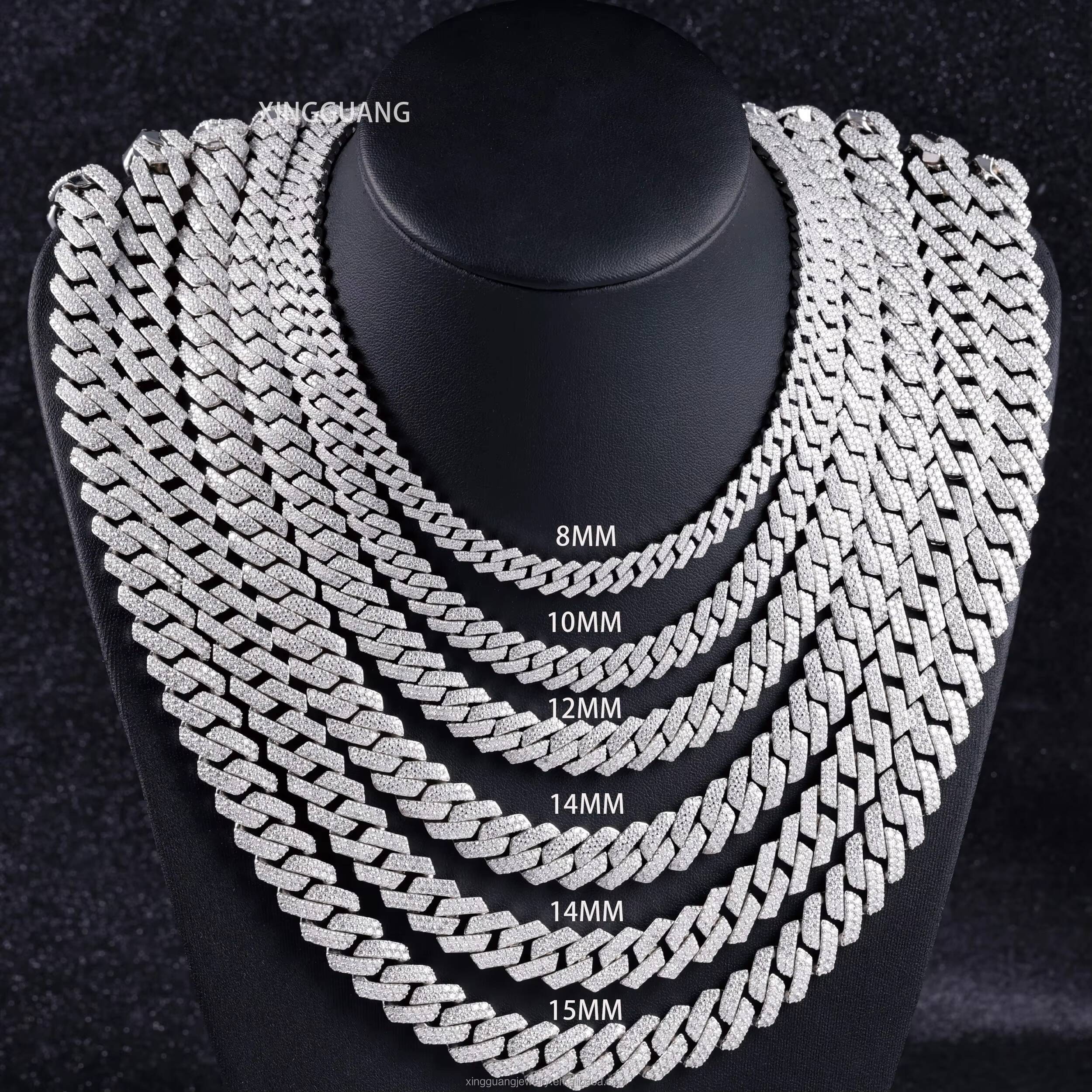 100 Pass Diamond Test VVS Hip Hop Jewelry 2rows 8mm 10mm 12mm Diamond Cuban Link Chain 925 Silver Necklace Moissanite Chain