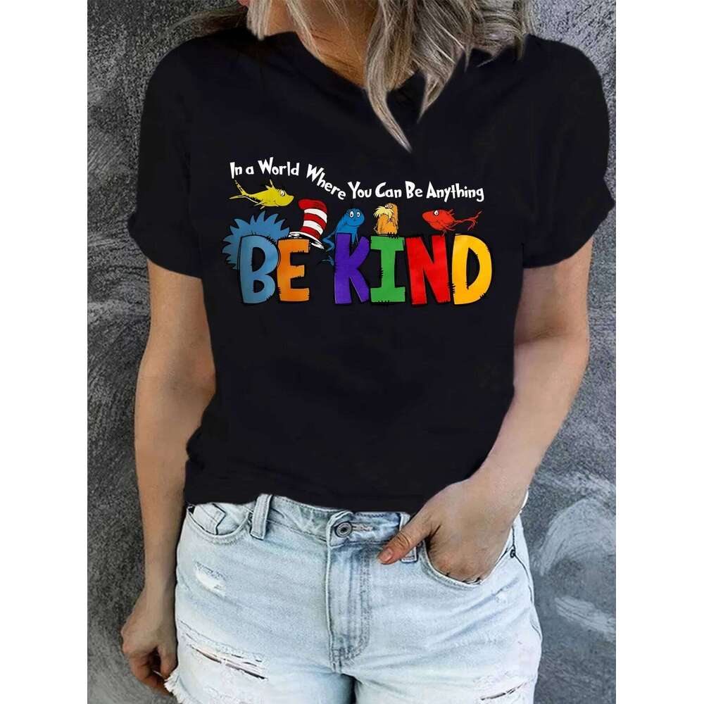 Valentines-Vintage Be Kind Print T-shirt, Short Sleeve, Crew Neck, Casual Top for Summer and Spring, Women's Clothing XJ260306 XJ260306