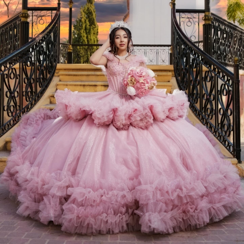 Pink Shiny Quinceanera Dresses Ball Gown Off The Shoulder Applique Beading Crystal Tiered Tull Corset Party Birthday Sweet 16 Dress Vestidos 15 Anos