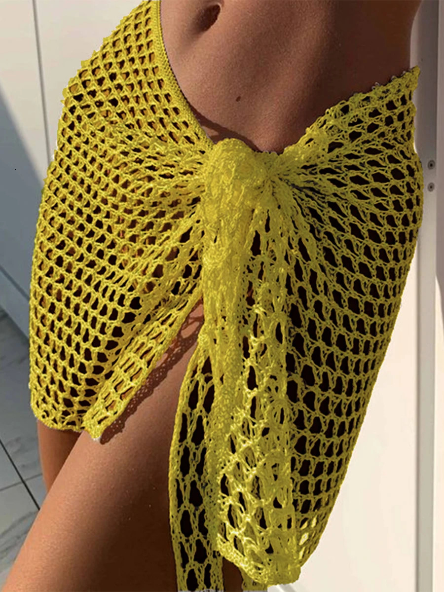 Women Beach Skirt Hollowed Solid Black White Yellow Green Knitted Mini For Summer Vacation Seaside CoverUp 260228