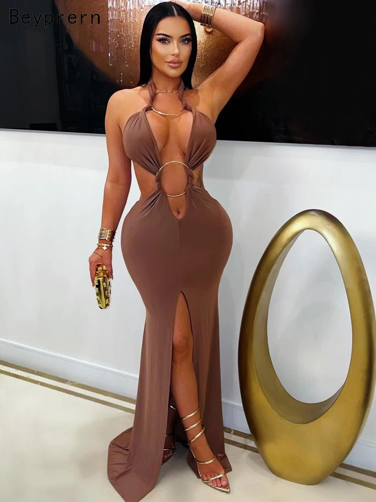 Beyprern Chic Halter V Neck O Rings Long Maxi Dress Glam Women Sexy Backless Ruched High Slit Party Dresses Birthday Outfits 260306