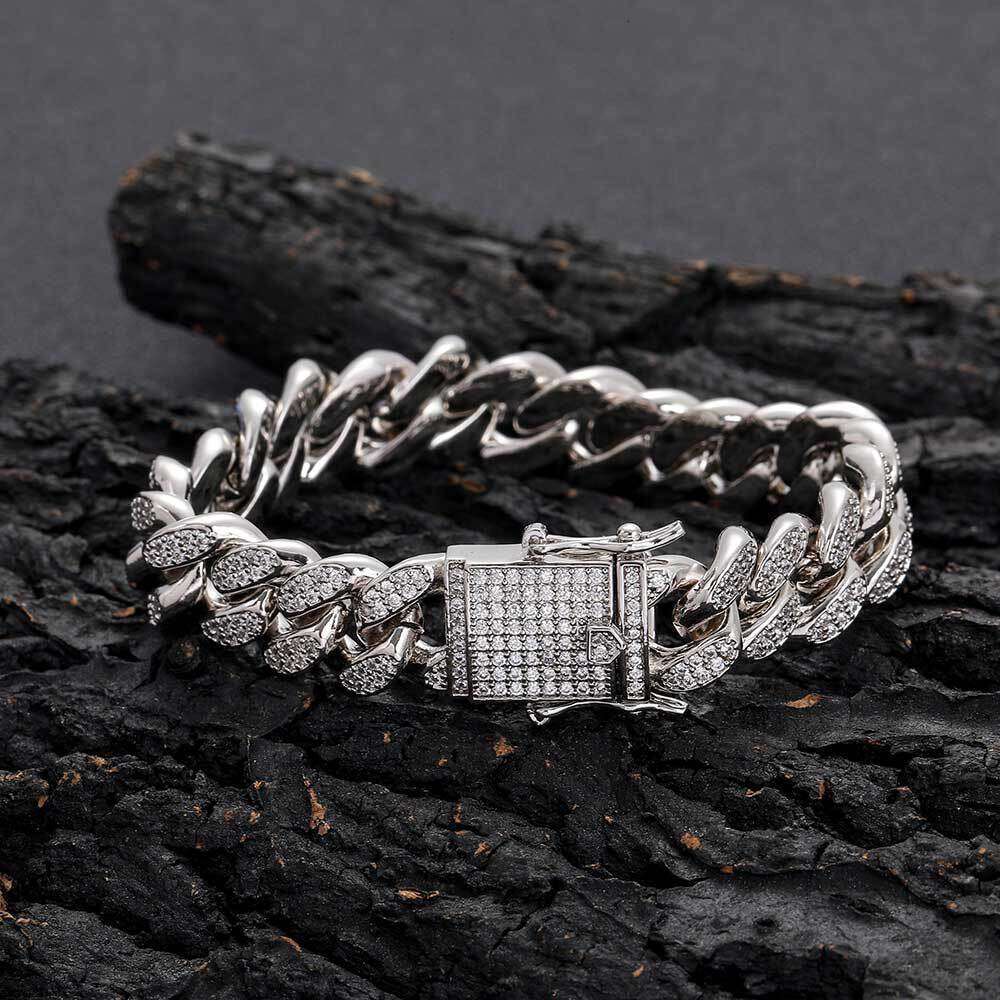 European and American Hip-Hop Zircon Bracelet 12mm Double Full Cuban Chain Real Gold Plated High-Quality Men's Jewelry Row Diamond