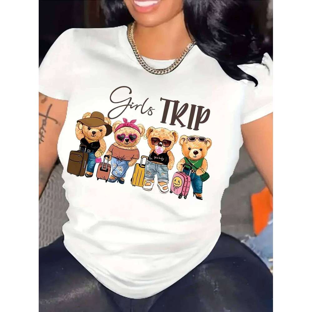 Bear and Letters Printed T-Shirt Casual Round Neck Short Sleeve Tops Spring Summer Women's Clothing Graphic T Shirts Fashion Y2K XJ260306 XJ26030