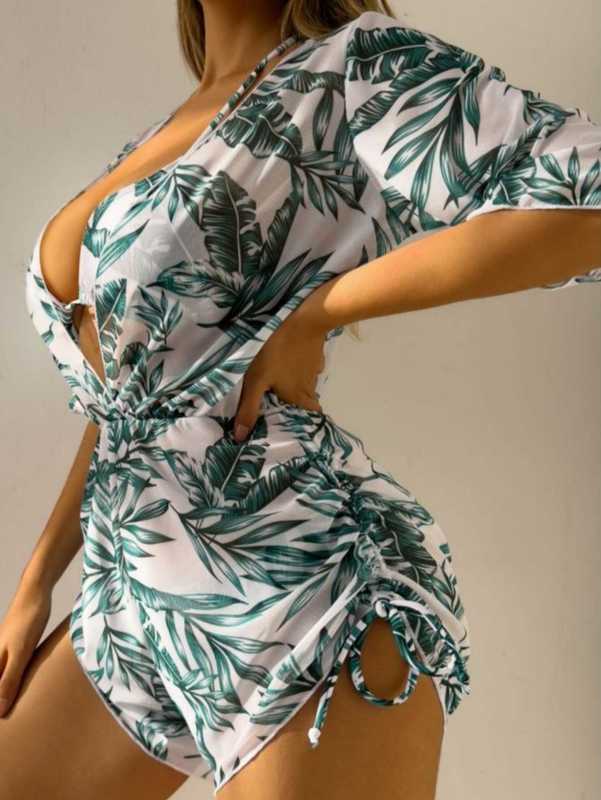 Women's Swimwear New Three-Piece Bikini Set Leaf Print Waist-Tie Fashion Long Sleeve Beach Sun Protection Swimsuit