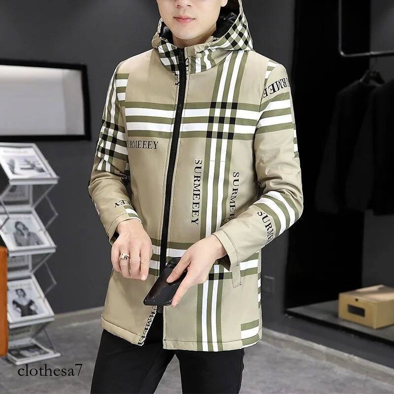 2024 Spring and Autumn New Fashion Checkered Long Hooded Trench Men's Casual Loose Comfortable Windproof Large Size Coat