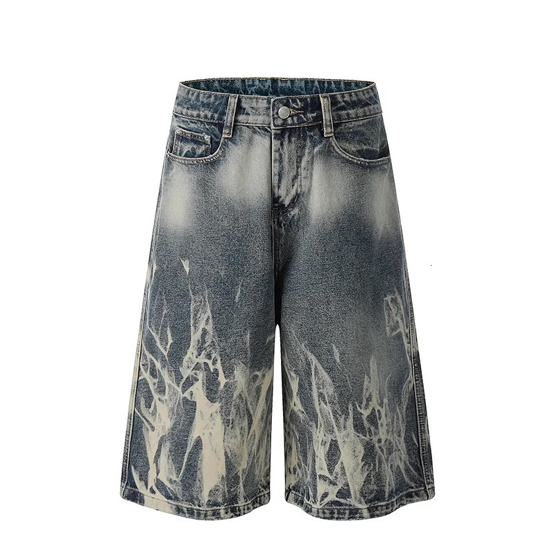 2026 Flame Graphic Print Denim Shorts For Men Hip Hop Fashion Straight-leg Baggy Jorts Punk Tie Dye Gradient Y2K Short Jean 260306