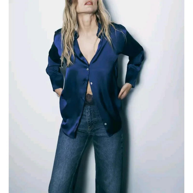 Classic Silk Satin Feel irt Spring Collection Long Sve Polyester Fabric Womens Premium Faion Regular Length 260228