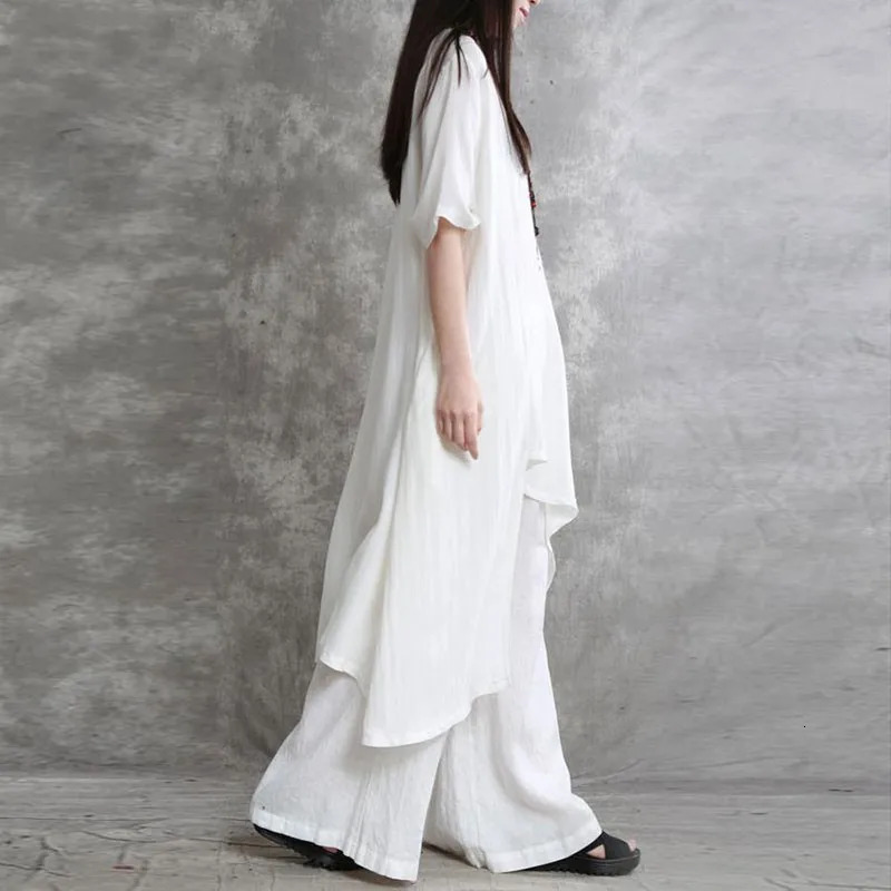 Women Cotton Linen Pant Sets 2 Pieces Casual Half Sleeve Solid Loose BlouseHigh Elastic Waist Wide Leg Full Trousers Suits 260304