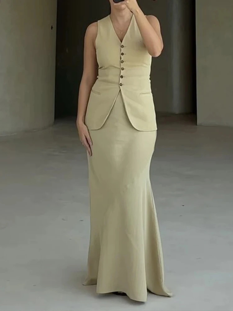 HH Womens Elegant Vest Long Skirt Set Sleeveless Vneck Tank Top High Waist Skirts Female Suit Summer Office Lady 260306