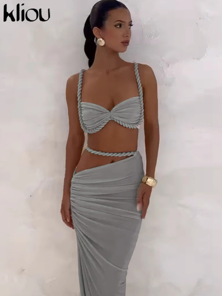 kliou Woven Sexy Women 2 Piece Set Stunning Solid Pleated Crop CamisolesHigh Waist Maxi Skirts Female Trend Vacation Outfit 260304