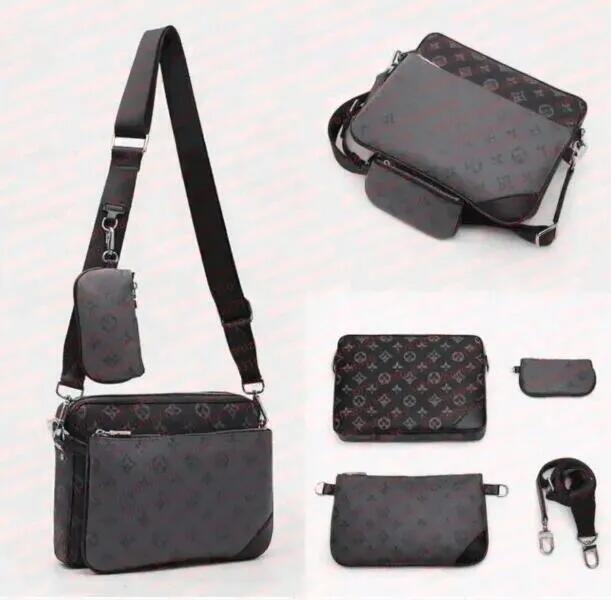 6A Designer bags men 3pcs Trio Leather Black Flowers Messenger Purse Crossbody Bags louisities vouiton Plain Shoulder bag lvslys Handbags man Wallet purse Satchels