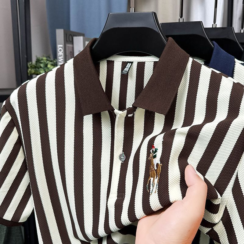 Luxury Brand Designer Clothes Q02 Summer Men's Short-Sleeve Light Luxury T-Shirt Striped Polo Shirt Loose Fit Business Top Men's Clothing