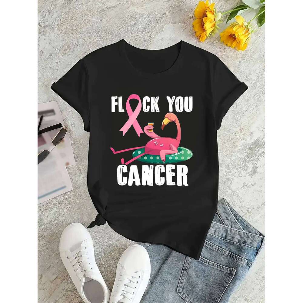 Flamingo Pink Ribbon Print Round Neck Casual T-Shirt Women's Fashion Top for Spring Summer XJ260306