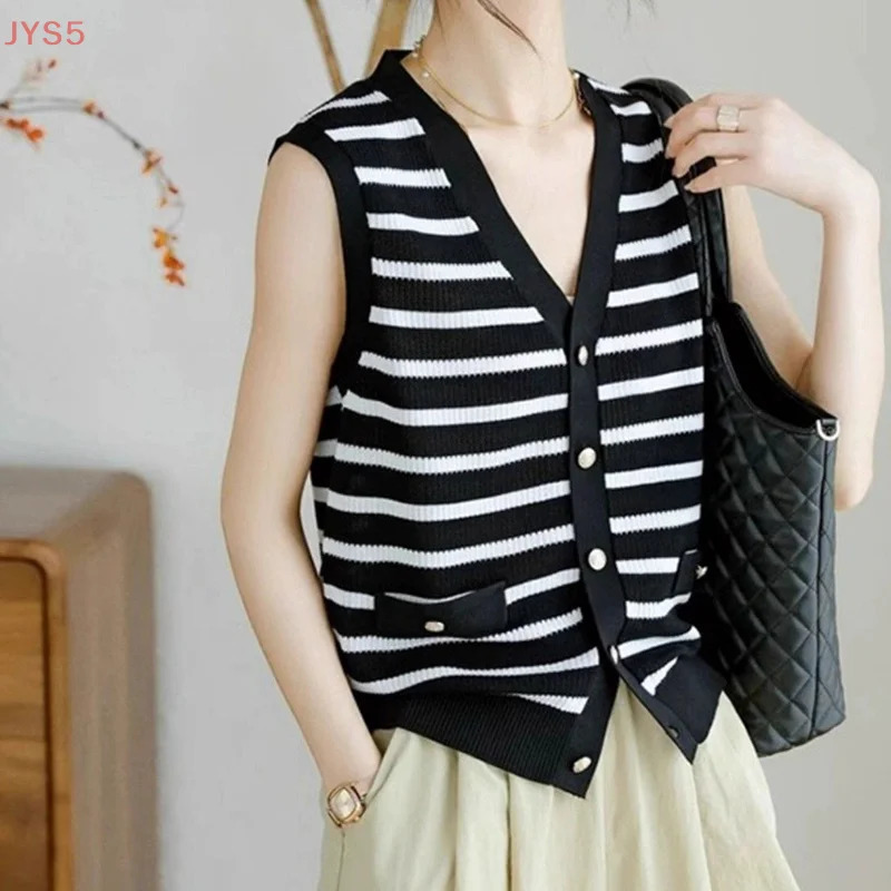 French Light y VNeck Black And White Striped Knitted Vest For Women In Summer 260306