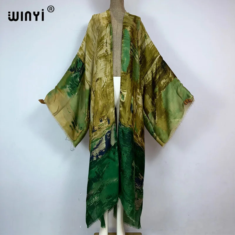 WINYI kimono Oil print Bikini Coverup Elegant beach outfits for women sexy cotton feeling vestidos para mujer dress kaftan 260228