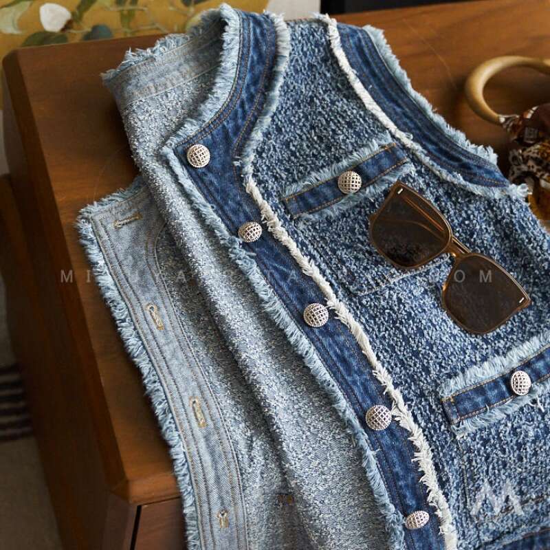 Mardi Hefxessdr Women's Spring Autumn 2026 New Flow Sleeveless Tank Top Coat Fragrant Fur Edge Denim Vest