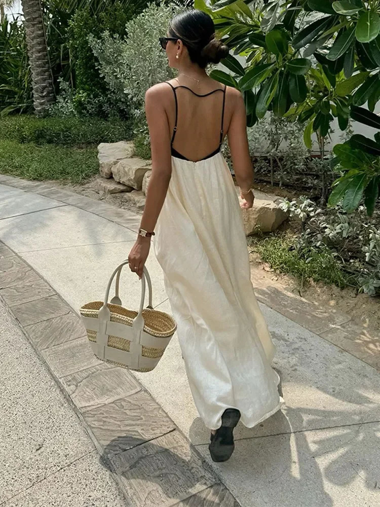 Contrast Splicing Loose Sling Long Dresses Women Square Collar Sleeveless Backless High Waist Dress Summer Lady Street Robe 260306