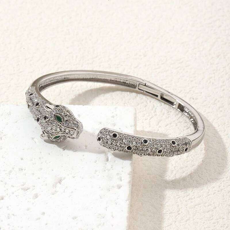 Fashion Design Zinc Alloy Leopard Head Barcelet Pave Rhinestone Crystal Panther Cuff Bangle For Women Party Hand Jewelry Z260306