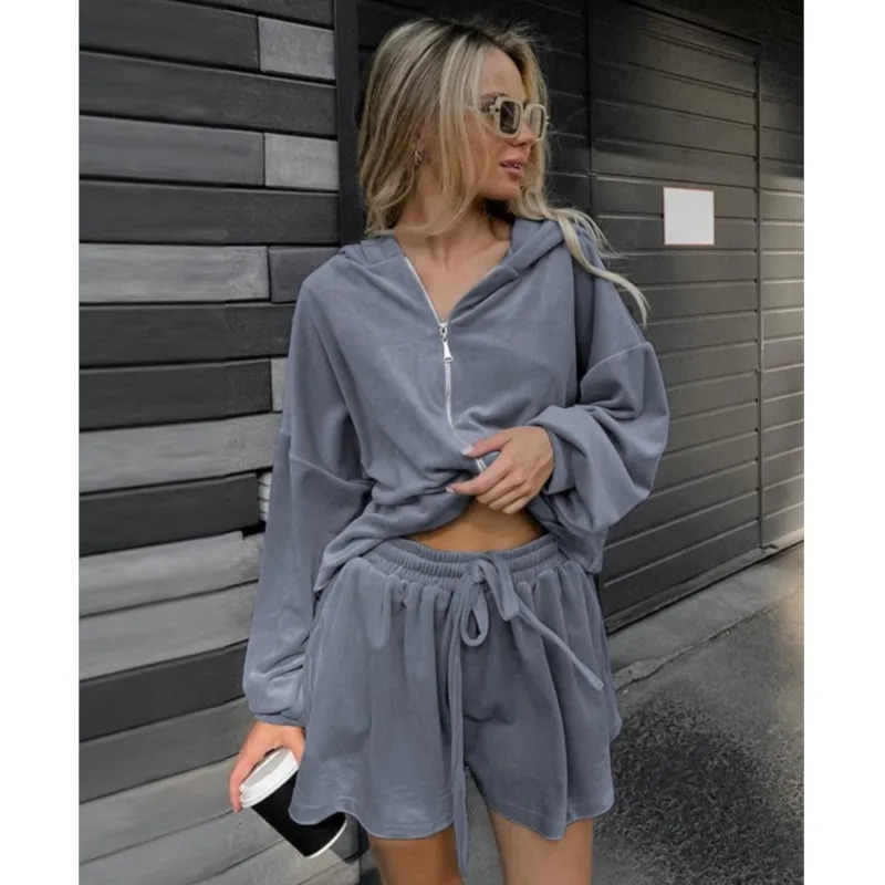 Women Twopieces Shorts Sets Spring Autumn Long Sleeves Zipper Hooded CoatHigh Waist Loose Drawstring Two Piece Set 260306