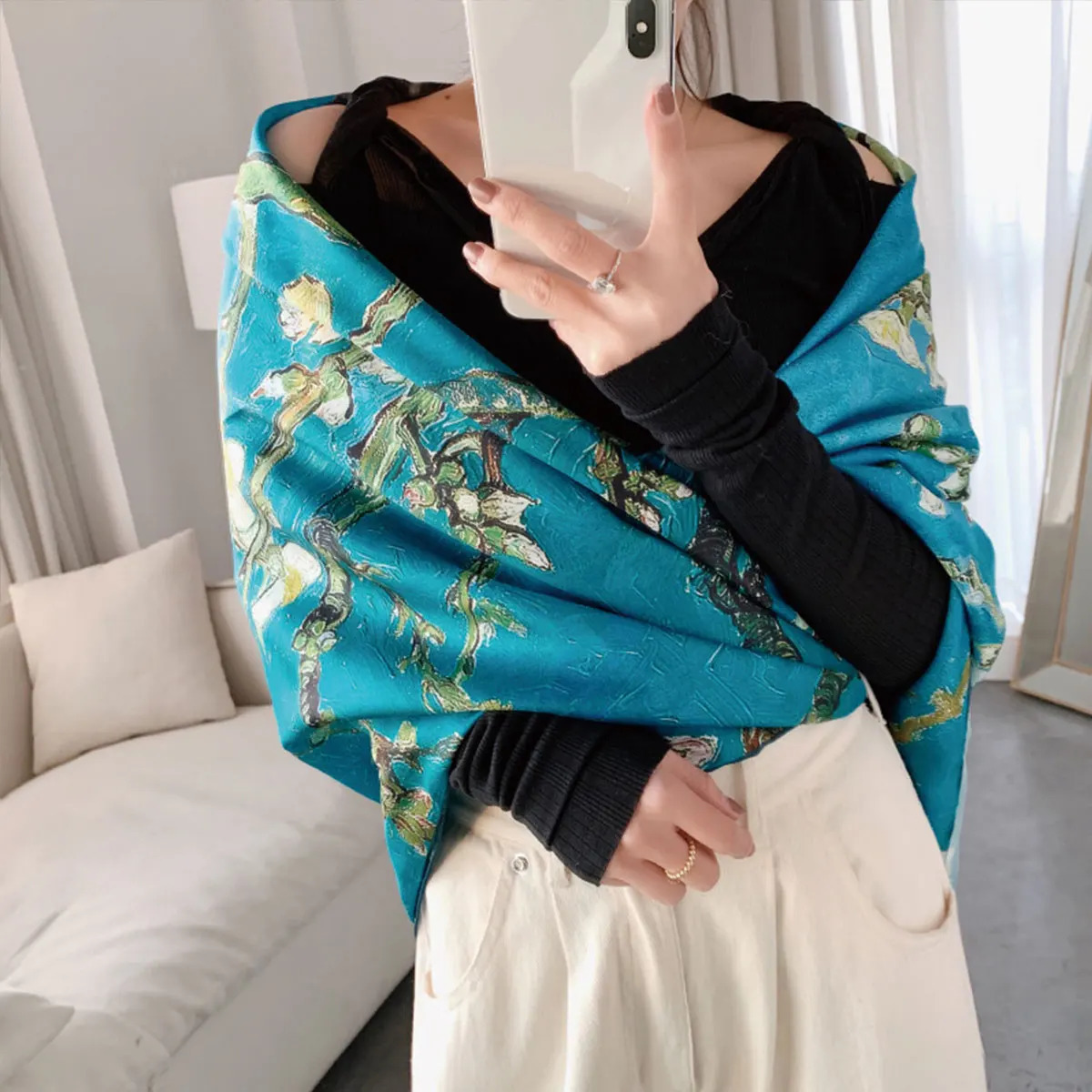 1 pcs 180x90cm Elegant Spring Autumn Silk Scarf Plum Blossom Print Long Shawl Fashionable Trendy Warm Necktie for Women 260302