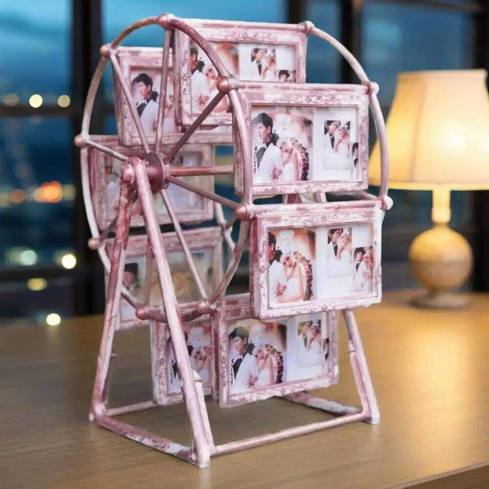 Display Rotating Ferris Wheel Photo Frame with 16 Vintage Embossed Picture Slots 360 Spin Bronze for Family H260306