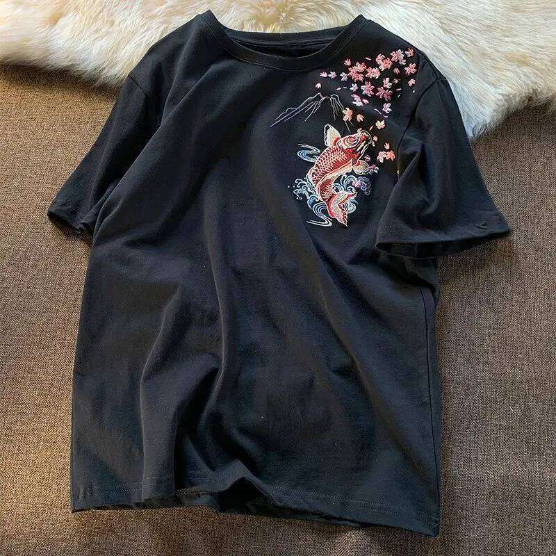 Mardi Hefxessdr Lovers Embroidered Koi Fish Summer 2025 New Men Cotton T Shirt Students Casual Tee Short Sleeves Top Loose T-shirt 4XL
