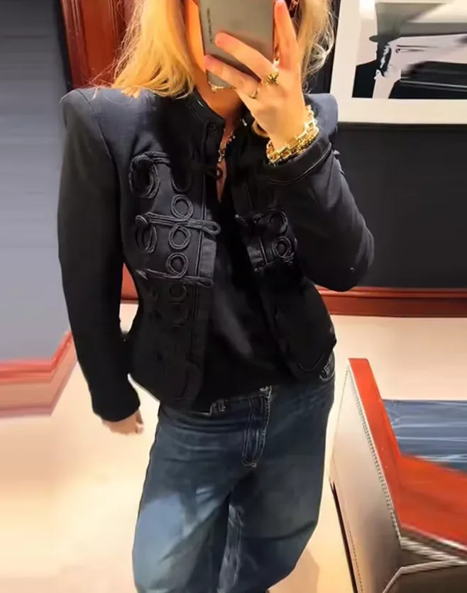 Women Retro Denim Military Jacket Lady Vintage Solid Stand Collar Single Breasted Slim Short Jackets 2026 Daily Street Outerwear 260303