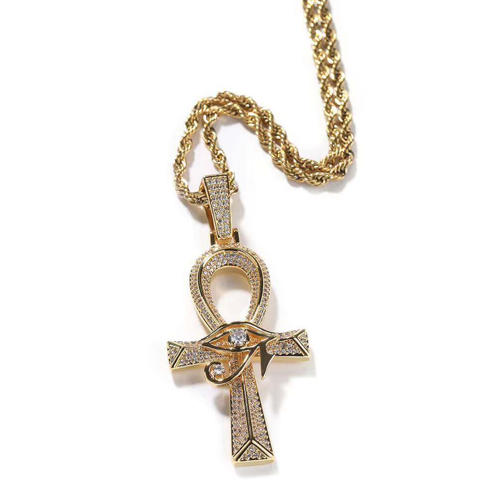 Hip Hop Ancient Cute Spring New Horus Eye Ankh Cross Pendant Retro Copper Diamond Rope Chain All-match Accessories C0006