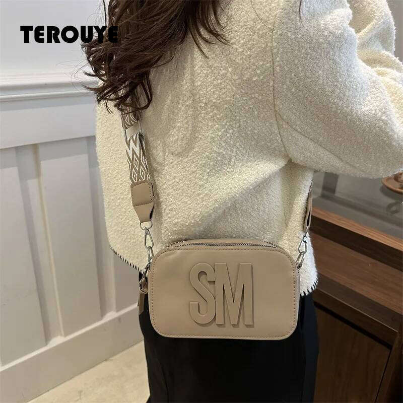 Stylish Versatile Women Single SM Letter Pu Leather Small Square Bag Leisure Wide Shoulder Strap Cross Body Bags TEROUYE