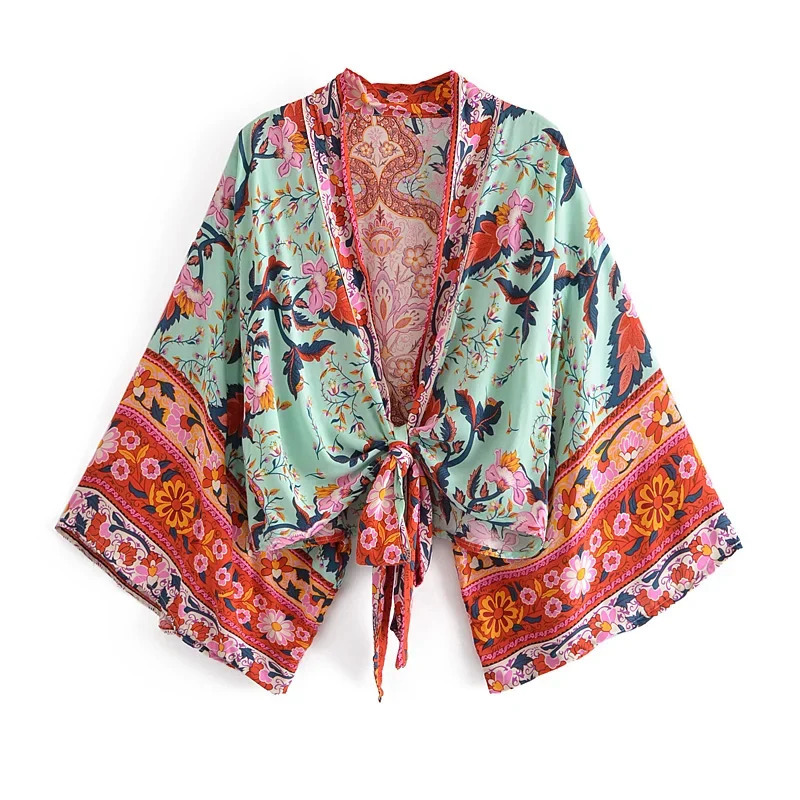 Boho Queens Vintage Floral Print Sashes Short Kimono Women Fashion V Neck Batwing Sleeves Ladies Beach Robe Coverups 260228