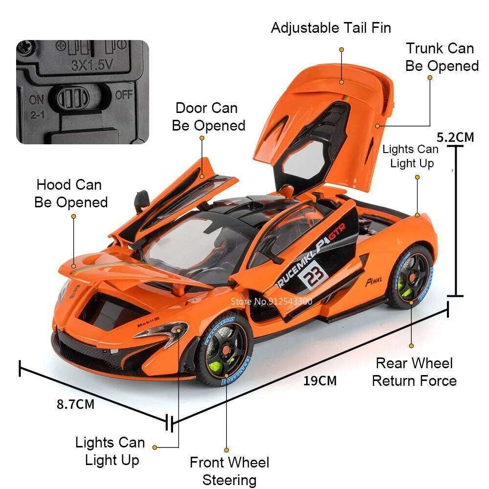 1:24 SLR 722S P1 Alloy Cars Models Diecast Toys Wheel Steering Miniature Car with Light Sound Vehicles for Child Adult Gifts Z260307