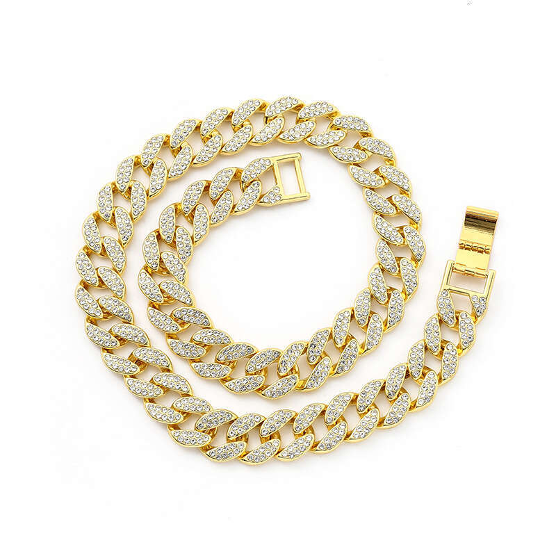 Manufacturer's foreign trade cross-border high-quality 15mm flat chain hip-hop Cuban necklace and rhinestone bracelet wholesale