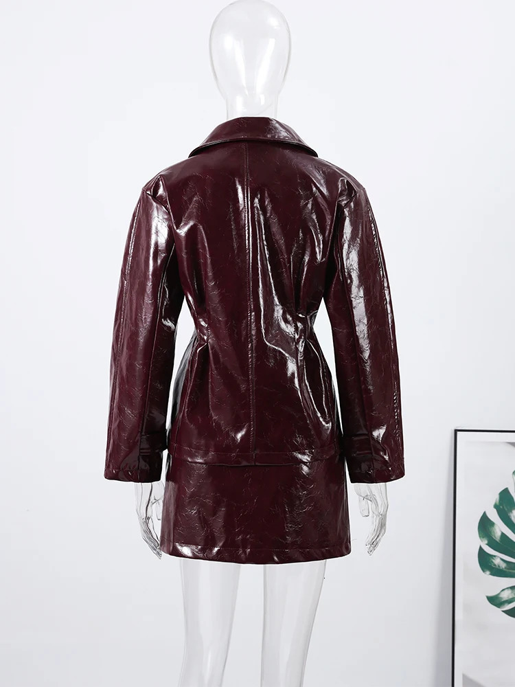 Retro Leather Blazers Short Skirts Suit Womens Stylish Lapel Double-breasted Jackets Autumn Winter Ladies Streetwear 260306