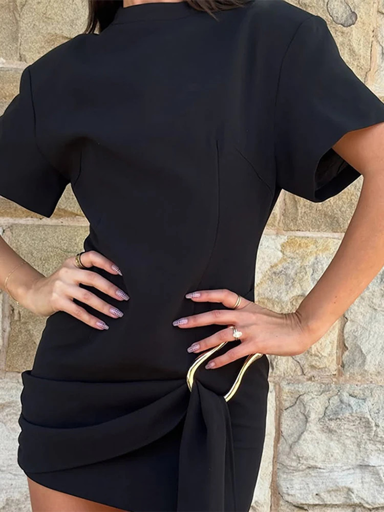 Elegant Chic Mini Dress Women Slim O Neck Short Sleeves Patchwork Ribbon Vestidos Female Spring Summer Evening Dresses Lady 260306