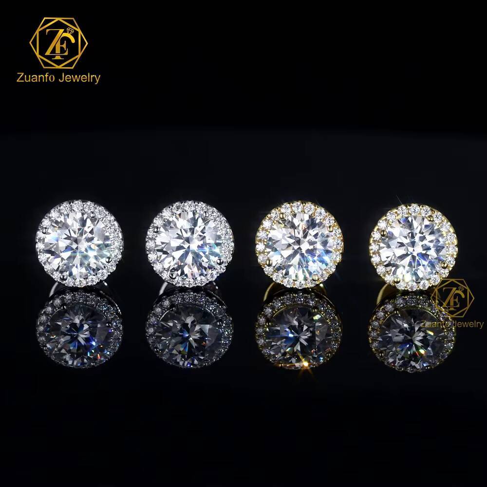 ZuanfoJewelry Eye Catching Round Shape Halo Earring D VVS 5/65/8MM Moissanite Earring Pass Diamond Tester 925Silver Gold Plated